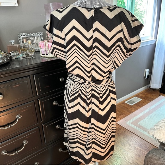 The Limited Black & Beige Chevron Print Belted Shift Dress Size 10 - Picture 7 of 14